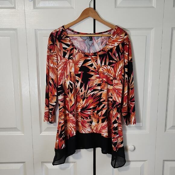 Notations Womens Tropical Blouse Size XL Sheer Panel Resort Vacation 3/4 Sleeves - Picture 1 of 10